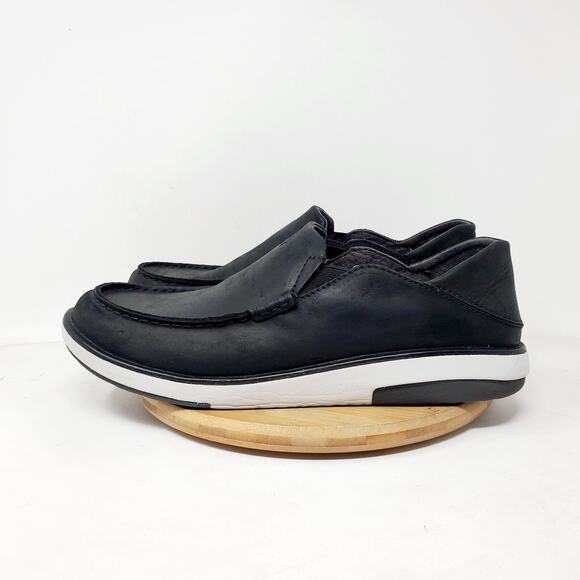 Olukai Kalia Shoes Mens 10.5 Black Leather Loafer Slip On Fold Down Heel - Picture 1 of 13